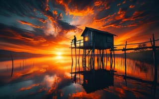 Картинка рыбка, рассвет, море, домик, небо