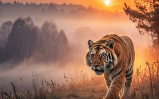 Картинка бег, вечер, лето, тигр, солнце, закат