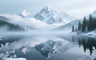 Картинка горы, пейзаж, 3д, снег, зима, лес, озеро, природа