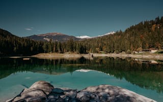 Картинка озеро, вода, отражение, Швейцария, скалы, пейзаж, лес, облака