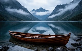 Картинка озеро, лодка, природа, скалы, зеркальная гладь, приключения, рассвет, пейзаж, облака, 1920х1080, горы, умиротворение, туман, свежесть, дикая природа, нейросеть, уединение, величественность, рыбалка, путешествие, 2k, ИИ, рабочий стол, красота, 16:9, экосистема, спокойствие, деревянный корпус, тишина, отражение, утренний туман, каменистый берег, ландшафт, HD, горная местность, 4k, гармония, вода