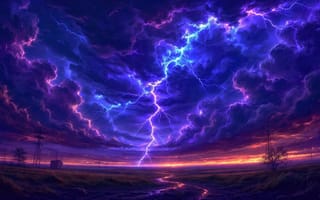 Картинка гроза, молнии, красный, фиолетовый, погода, поле, линии электропередач, искусство, закат, деревья, драма, небо, нейросеть, эмоции, 2k, синий, природа, 1920 1080, облака, ИИ, иллюстрация, 4k, трава