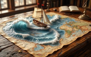 Картинка старая карта, парусник, драматизм, морские приключения, 2k, открытая книга, исследования, компас, нейросеть, глобус, 1920 1080, ИИ, деревянный стол, новые горизонты, волна, романтика путешествий, 4k