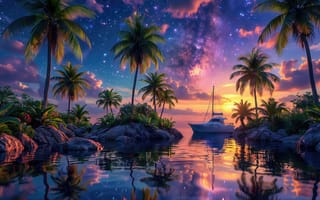 Картинка тропики, пальмы, спокойствие, закатные краски, морская романтика, прибрежный пейзаж, океан, экзотика, HD, сумеречный пейзаж, тропический пейзаж, остров, 2k, тропический рай, скалы, звёздная галактика, живописный вид, ИИ, рабочий стол, закат, облака, водный зеркальный эффект, нейросеть, звёздное небо, природа, морская гладь, сияние, 1920х1080, 16:9, растительность, умиротворение, 4k, романтика, тропическая флора, пальмовая роща, яхта, отражение в воде