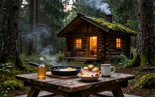 Картинка завтрак, лес, уют, рустикальный стиль, домик, природа, бутылка, дым, тепло, спокойствие, деревенский стиль, яйца, бекон, очаг, лесной домик, картошка, атмосфера, сосны, кружка, дерево, стол, мох, еда на природе, 2k, 1920х1080, 4k, избушка, 16:9, кухня на открытом воздухе, отдых, рабочий стол, HD, загородная жизнь, свежесть, кемпинг, нейросеть, ИИ, утренний приём пищи