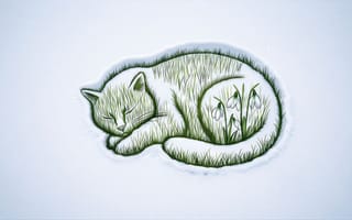 Картинка кот, сон, 4k, трава, HD, 2k, рабочий стол, весенняя тематика, фантазия, креативный рисунок, иллюстрация, животные, снег, минимализм, ботанический стиль, единство с природой, эстетика, художественный эскиз, спокойствие, художественный образ, клубочек, 16:9, умиротворение, растительный орнамент, символизм, спящий кот, ИИ, 1920х1080, зелень, нейросеть, гармония, подснежники, графический дизайн, эко-стиль, природа, арт, пейзаж