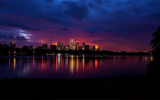 Картинка город, закат, 4k, зеркальная гладь, река, вода, отражение, городской пейзаж, 1920х1080, ИИ, облака, силуэт, горизонт, спокойствие, ночь, небоскрёбы, небо, вечерний пейзаж, рабочий стол, тишина, 16:9, красота города, мегаполис, фиолетовые оттенки, HD, нейросеть, градиент неба, огни, подсветка зданий, 2k, панорамный вид, урбанистика, архитектура, сумрак, городские огни, урбан-арт, сияние
