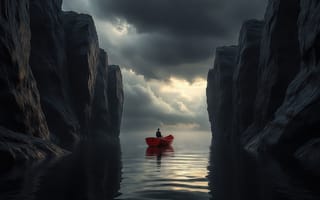 Картинка лодка, ущелье, природная красота, тёмные скалы, красный каяк, 16:9, отражение в воде, нейросеть, романтика пути, драматическое небо, 4k, вода, суровый пейзаж, облака, одинокий путешественник, HD, скалы, 1920 1080, водный путь, путешествие, закатное небо, тишина, 2k, глубина, рабочий стол, природа, приключение, исследователь, спокойная вода, узкий проход, величественные скалы, горный каньон, мрачная атмосфера, ИИ, фьорд, скалистый каньон, одиночество