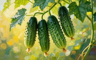 Картинка огурцы, овощ, зелень, текстура, природа, свежесть, натюрморт, картина, сельскохозяйственная тематика, 4k, агрокультура, ИИ, капля воды, живопись маслом, лето, художественный стиль, 1920х1080, детализация, рабочий стол, HD, кожура, огород, ветка, растительный мир, сад, растительность, огородная культура, 2k, 16:9, нейросеть, урожай, плодоношение, ботаника, бугорки, зелёный цвет, роса, натюрмортная композиция, листья