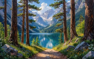 Картинка пейзаж, природа, склоны, поход, красота, спокойствие, 2k, ИИ, сосны, 4k, зелень, тропинка, пики, вершины, тени, хвойные, облака, горизонт, утреннее, свет, долина, отражение, дневное, нейросеть, свежий воздух, небо, лес, вода, HD, гармония, деревья, цветы, 16:9, 1920х1080, путешествие, туризм, отдых, камни, солнце, горы, рабочий стол, озеро