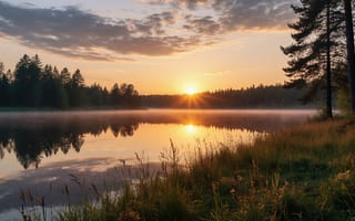 Картинка рассвет, озеро, туман, утренний свет, небо, 16:9, 1920 1080, горизонт, нейросеть, зеркальная гладь, природа, сосны, HD, отражение, красота природы, умиротворение, ИИ, пейзаж, облака, рабочий стол, золотые лучи, природная гармония, хвойный лес, тишина, утренний туман, 4k, природная эстетика, рассветная дымка, солнце, лес, 2k, спокойствие, лесной пейзаж, утренняя идиллия, гармония, вода, утренний пейзаж, отражение солнца