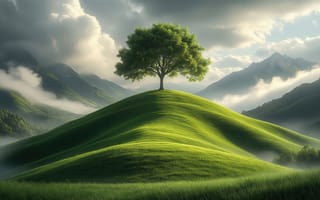 Картинка холм, дерево, силуэт, горизонт, свежесть, гора, нейросеть, земля, воздух, ствол, солнце, 1920х1080, туман, высота, тень, трава, ИИ, 4k, корни, 16:9, возвышенность, утро, листья, природа, зелень, пейзаж, свет, простор, рабочий стол, линия горизонта, одиночество, сказка, день, небо, ветви, облака, 2k, фантастика, HD