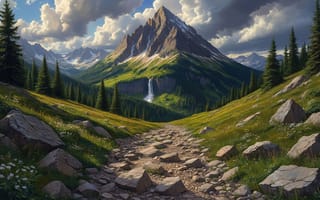 Картинка горы, пейзаж, естественная гармония, каменистая дорога, высота, красота природы, снежные пики, HD, 1920х1080, долина, треккинг, свежесть, панорамный вид, нейросеть, горный массив, облака, рабочий стол, пики, вершины, маршрут, альпийская местность, тропа, хвойные деревья, зелень, ели, дикая природа, склоны, 4k, ландшафт, 2k, ИИ, природа, небо, простор, водопад, приключение, 16:9, лес, хвойный лес
