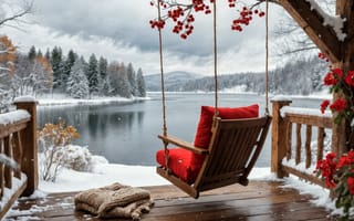 Картинка цветок, на открытом воздухе, вода, качели, пейзаэ, красный цветок, дерево, размытый, глубина резкости, облачное небо, облако, без людей, горы, голое дерево, снег, день, зима, веревка, небо, природа