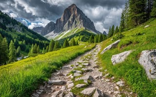 Картинка горы, долина, хвойный лес, горная тропа, нейросеть, 2k, рабочий стол, хвойные деревья, тропа, облака, дикая природа, 4k, скалистая вершина, долина реки, небо, лес, пейзаж, камни, сосны, горный массив, естественная красота, высота, рельеф, 1920х1080, альпийский ландшафт, HD, каменистая дорожка, величественные вершины, природа, горный пейзаж, ели, зелень, зелёная трава, 16:9, свежесть, панорамный вид, ИИ