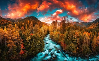 Картинка пейзаж, природа, бирюзовая вода, горная река, горы, камни, лиственница, золотая осень, 16:9, огненные облака, облака, вода, осенний лес, заставка, ИИ, цифровая графика, закат, бурное течение, река, синий, 4k, 1920х1080, лес, багряная листва