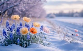 Картинка цветы, снег, HD, 16:9, ландшафт, романтика, мороз, 4k, ИИ, тишина, природа, буйство, маки, рабочий стол, свежесть, контраст, зимний пейзаж, цветочный акцент, снежный покров, пробуждение, цветение, мускари, белый холст, противоположности, 2k, 1920х1080