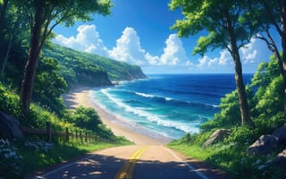 Картинка дорога, море, ИИ, скалы, цветы, небо, 4k, 1920 1080, забор, 2k, пляж, облака, деревья, нейросеть, холмы, лето