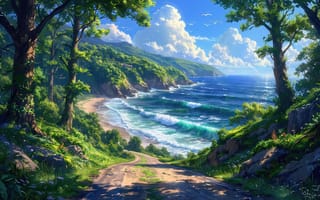 Картинка пейзаж, природа, умиротворение, горы, дорога, красота, солнце, нейросеть, птицы, 4k, 1920 1080, тени, камни, скалы, море, берег, деревья, небо, облака, песок, кустарники, спокойствие, ИИ, 2k