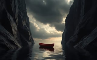 Картинка лодка, ущелье, рабочий стол, 4k, природа, каньон, ИИ, вода, 16:9, облака, тишина, фьорд, горный пейзаж, HD, одинокая лодка, водный проход, каменные стены, атмосфера, горизонт, красная лодка, скалы, 2k, небо, путешествие, отражение, драматизм, спокойствие, мрачность, композиция, приключения, величие, простор, свет, пейзаж, нейросеть, тень, 1920х1080