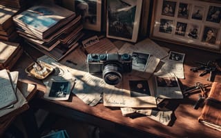 Картинка фотоаппарат, фотокамера, реализм, рукописи, нейросеть, HD, жалюзи, рабочий стол, нуар, линза, архив, свет из окна, чернильница, блокнот, боке, фотографии, арт, 1920х1080, дальномер, чернила, снимки, натюрморт, детектив, книги, история, письма, 2k