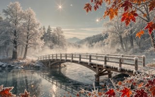 Картинка на открытом воздухе, небо, осенние листья, кленовый лист, мост, снег, дерево, облако, лист, без людей, вода, отражение, пейзаж, осень, река, звёздное небо, горы, озеро