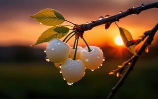 Картинка вишня, ягоды на ветке, рабочий стол, закатное солнце, 1920х1080, урожай, роса на листьях, садовое растение, закат, ИИ, роса на ягодах, зелёные листья, фруктовая ветка, ветка вишни, ягодная ветка, свежесть, 4k, спелые ягоды, солнечный свет, живописный пейзаж, 16:9, летний закат, красота природы, плодоношение, ботаника, макросъёмка, белая вишня, 2k, природа, черешня, капли росы, утренняя роса, HD, естественный свет, нейросеть