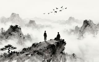 Картинка китайская живопись, пейзаж, чёрно-белое, нейросеть, рабочий стол, 2k, 4k, чернила, 16:9, туман, минимализм, гармония, птицы в полёте, 1920х1080, гохуа, искусство Востока, философия, фигуры, монахи, эстетика Востока, суми-э, скалы, HD, природа, сосна, спокойствие, созерцание, медитация, традиционный стиль, силуэт, умиротворение, дымка, монохром, горы, восточная эстетика, ИИ, пики, вершины, кисть