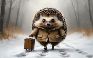 Картинка ёжик, путешествие, зима, исследователь, дорога, зимний лес, ИИ, стиль, настроение, любопытство, винтажный чемодан, лес, природа, чемодан, пальто, 2k, персонаж, приключения, сказочный персонаж, странник, арт, багаж, рабочий стол, 1920х1080, зимний пейзаж, 4k, 16:9, фантазия, милота, тропинка, уют, HD, следы на снегу, тропа, пушистость, анимация, снег, нейросеть