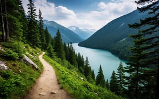 Картинка природа, горы, скалы, панорамный вид, зелёная растительность, ИИ, облака, ели, хвойники, путь, долина, хвойные деревья, голубое небо, горный ландшафт, спокойствие, дикая природа, 1920х1080, 4k, хвойный лес, тропа, рабочий стол, нейросеть, HD, озеро, 2k, экосистема, 16:9, свежесть, лес, туристическая тропа, альпийская местность, пейзаж, бирюзовая вода, высота, красота природы, чистая вода, живописный вид, сосны