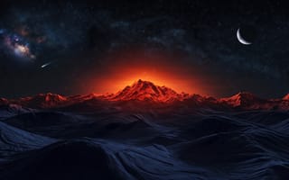 Картинка космос, космический пейзаж, заставка, чужой мир, комета, HD, минимализм, нейросеть, звездное небо, ПК, скалы, рабочий стол, рельеф, звезды, 16:9, закат, хребет, горы, экзопланета, ночь, 2k, сияние, 1920х1080, млечный путь, научно-фантастический
