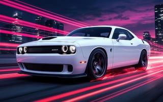 Картинка спорткар, Dodge Challenger SRT, урбанистика, скоростная трасса, автомобильные гонки, неоновые огни, 4k, агрессивный дизайн, красные световые следы, ночной город, решётка радиатора, современный стиль, высотки, нейросеть, мощность, белый автомобиль, 1920 1080, капот с воздухозаборником, адреналин, 2k, скорость, футуризм, рабочий стол, стиль, чёрные диски, динамичная съёмка, движение, мускул-кар, 16:9, HD, мощь, американский автомобиль, дорога, ИИ, ночной трафик, городской пейзаж, фары