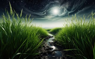 Картинка ночь, поле, звёздный шатёр, вода, созвездия, зелень, нейросеть, извилистый ручей, ночная природа, ночная тишь, природная гармония, лунный свет, HD, отражение звёзд, ландшафт, небесный купол, рабочий стол, ИИ, Луна, 16:9, пейзаж, 2k, естественная красота, умиротворение, космос, природа, ручей, сочная трава, звёздное небо, спокойствие, ночная сцена, звёздная россыпь, трава, 1920 1080, лунное сияние, тишина, 4k