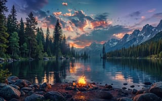 Картинка костер, лагерь, золотые облака, горы, рассвет, озеро, отражение, огонь, 2k, лес, птицы, снежные вершины, рабочий стол, пейзаж, камни, отдых, поход, ели, скалы, 4k, стая, эстетика, сосны, закат, реализм, 1920х1080, нейросеть, тайга, пламя, ИИ, берег