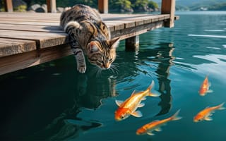 Картинка кот, причал, HD, наблюдение, эстетика природы, рыбки, вода, рыбалка, природа, фауна, 1920х1080, нейросеть, спокойствие, досуг, взгляд кота, усы, рабочий стол, хвост кота, 16:9, отдых на природе, сцена у воды, золотые рыбки, полосатый кот, животные, любопытство, ИИ, водоём, пруд, отражение, поверхность воды, деревянный настил, момент тишины, 4k, дикая природа, водная гладь, 2k, летний пейзаж