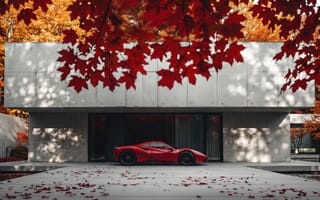 Картинка Ferrari, Феррари, золотая осень, роскошь, люкс авто, красная машина, желтые листья, природа, свет, красные листья, 2k, нейросеть, брутализм, терраса, клен, деревья, дизайн интерьера, ИИ, рабочий стол, заставка на ПК, панорамные окна, вилла, пейзаж