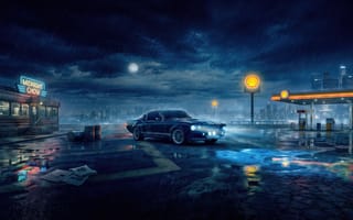 Картинка маслкар, Ford Mustang, фары, ретро авто, ИИ, HD, ливень, закусочная, облака, драма, небоскребы, автомобиль, заправка, отражение света, заставка на ПК, силуэт города, неоновое свечение, лучи, город, 16:9, 4k, вывеска, дождь, классическая машина