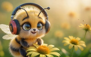 Картинка индивидуальные, открытый рот, крылья, усики, размытый, без людей, реалистичный, животное, проведение, держит цветок, цветок, глубина резкости, жук, зеленые глаза, внимание к животным, наушники, крылья насекомых