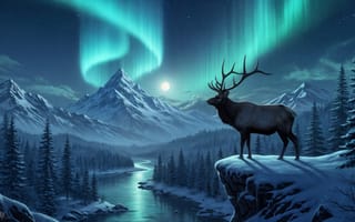 Картинка на открытом воздухе, небо, пейзаэ, дерево, животное, полнолуние, облако, олень, аврора, озеро, лес, ночное небо, ночь, подпись, рога, без людей, природа, звёздное небо, снег, горы, Луна