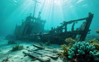 Картинка вода, без людей, световые лучи, руины, корабль, плавучее средство, кораллы, пост-апокалипсиса, подводный, солнечный свет, пейзаэ, океан, солнечный луч