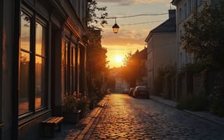 Картинка закат, улица, автомобили, 1920х1080, солнце, тени, европейский город, фонарь, растения, 16:9, вечер, брусчатка, атмосфера, архитектура, рабочий стол, город, 2k, HD, облака, тени от зданий, тёплый свет, 4k, спокойствие, окна, улочка, городской пейзаж, скамейка, уют, ИИ, старинная улица, романтика, освещение, нейросеть, цветы, небо, дома, закатное небо, тишина