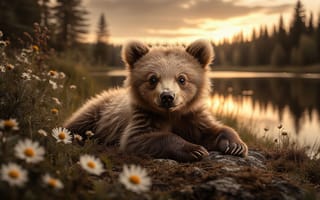 Картинка медвежонок, природа, лес, летний закат, животный мир, дикий медвежонок, романтика природы, лесной пейзаж, камень, спокойствие, 4k, пейзаж, закат, зверь, гармония, пушистость, ромашки, дикая природа, 2k, солнечный свет, флора, отражение в воде, закатные лучи, ИИ, взгляд в камеру, красота природы, естественная среда, рабочий стол, умиротворение, дикая красота, фауна, 1920х1080, озеро, HD, нейросеть, экосистема, полевые цветы, 16:9