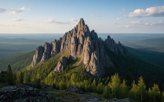 Картинка горы, хребет, уральские горы, облака, дикая природа, скальный рельеф, гранитные скалы, солнечный свет, лесной массив, ИИ, скалы, природная красота, география, лесные просторы, 4k, небо, 2k, Таганай, природа, нейросеть, живописный ландшафт, пейзаж, туризм, рабочий стол, величественные скалы, лес, HD, вершина, скалистый пик, Урал, хвойный лес, тени на скалах, 16:9, высота, горный массив, зелёная чаща, панорамный вид, простор, 1920х1080
