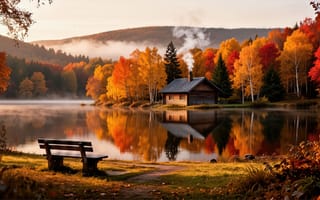 Картинка осень, пейзаж, заставка, листва, рабочий стол, нейросеть, озеро, туман, скамейка, березы, лесу, 4k, оранжевый, ПК, широкоформатный, тишина, 16:9, дым, HD, деревья, опавшие-листья, зеркальная-вода, утро, уединение, избушка, отражение, островок, покой