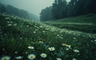 Картинка поле, ромашки, ИИ, нейросеть, цветы, гармония, природа, спокойствие, 4k, свет, 1920 1080, лес, зелень, 2k, туман, тень
