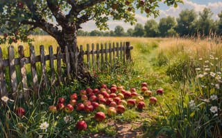 Картинка яблоня, яблоки, 4k, небо, нейросеть, трава, цветы, 1920 1080, деревянный забор, ИИ, природа, урожай, облака, пейзаж, 2k, деревья, поле