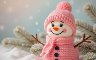 Картинка индивидуальные, улыбка, цветок, снег, снеговик, зима, розовый шарф, без людей, вязаная шапочка, розовый головной убор, шляпа, размытый, шарф