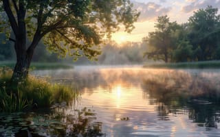 Картинка рассвет, озеро, листва, утренний пейзаж, 16:9, 2k, вода, лес, рабочий стол, солнце, нейросеть, деревья, растительность, свет, пейзаж, золотистые лучи, гармония, дымка, кувшинки, тишина, свежесть, утро, туман, естественная красота, зелень, экосистема, спокойствие воды, красота природы, атмосферность, ИИ, отражение, 1920х1080, HD, природа, берег, 4k, идиллия, спокойствие