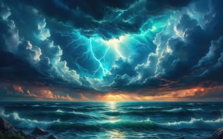 Картинка шторм, океан, бирюзовый океан, драматичный пейзаж, пенящиеся волны, динамика, буря, ИИ, природная мощь, гроза, скалы, горизонт, 2k, небо, нейросеть, волны, электричество, 4k, море, грозовые облака, закат, стихия, молния, 1920 1080, контраст