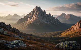 Картинка горы, пейзаж, нейросеть, простор, хребет, рассвет, 4k, туманная дымка, долина, ландшафт, величие, рельеф, камни, 2k, панорамный вид, ИИ, природная гармония, лишайник, солнечный свет, суровая красота, хвойный лес, дикая местность, дикая природа, лес, природа, рабочий стол, 1920х1080, HD, скалы, закатные лучи, хвойные деревья, горные склоны, альпийская местность, 16:9, тени, скалистые вершины, высота